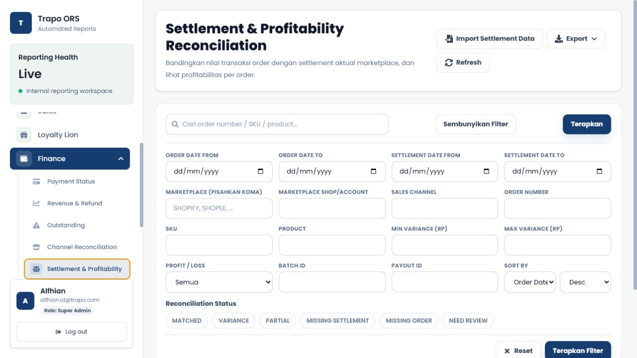 Order Reporting System — Settlement and profitability