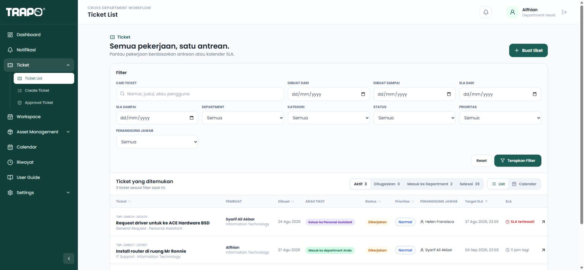 Work Management System — Cross-department ticket queue